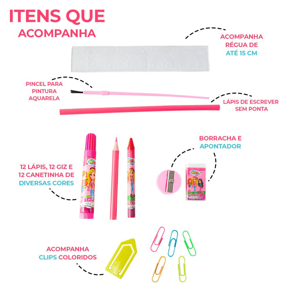 Maleta Kit Escolar com 68 Peças Glam Girls