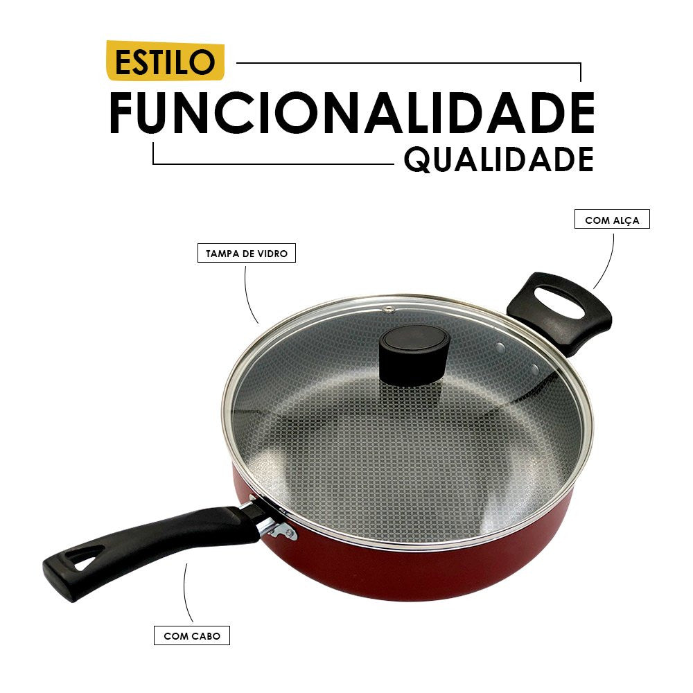 Frigideira Enjoy Reta 24cm Com Tampa de Vidro e Alça - Vermelha