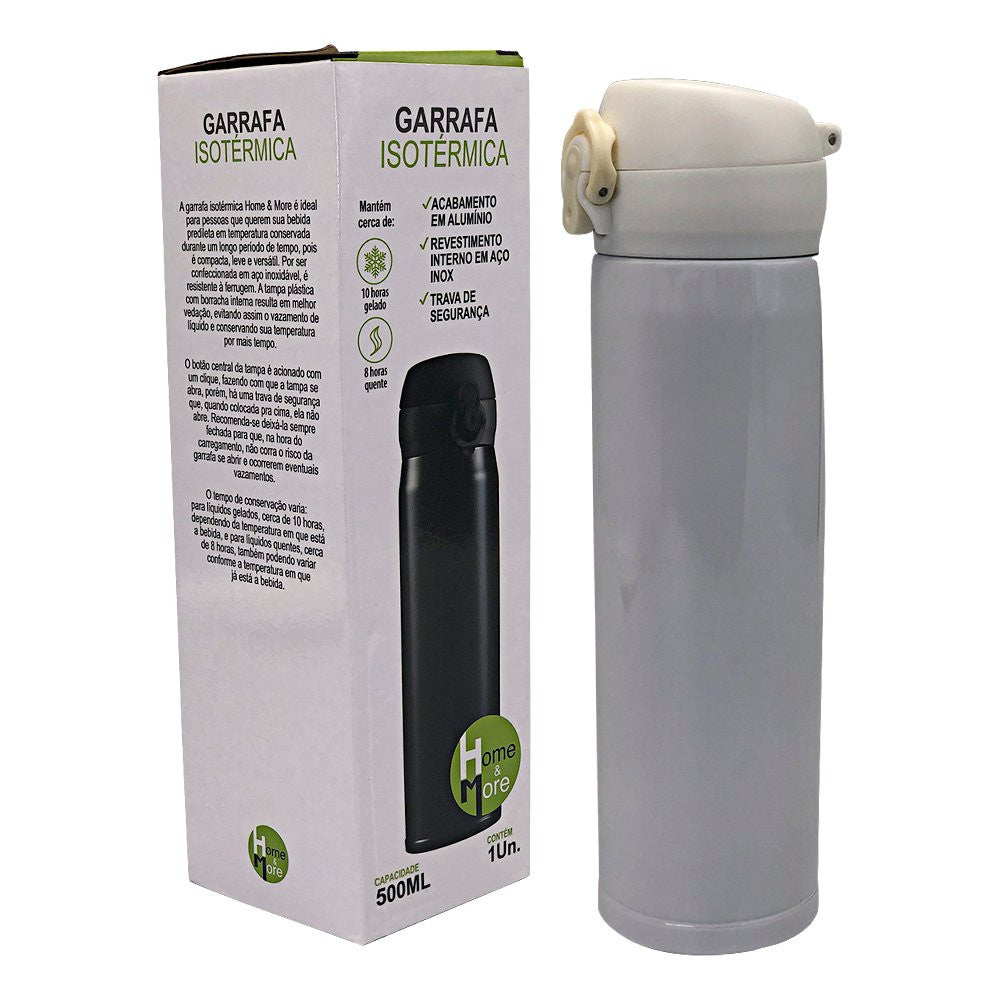 Garrafa Isotérmica 500ml com Tampa Plástica Fosca com Trava de Segurança - Branco