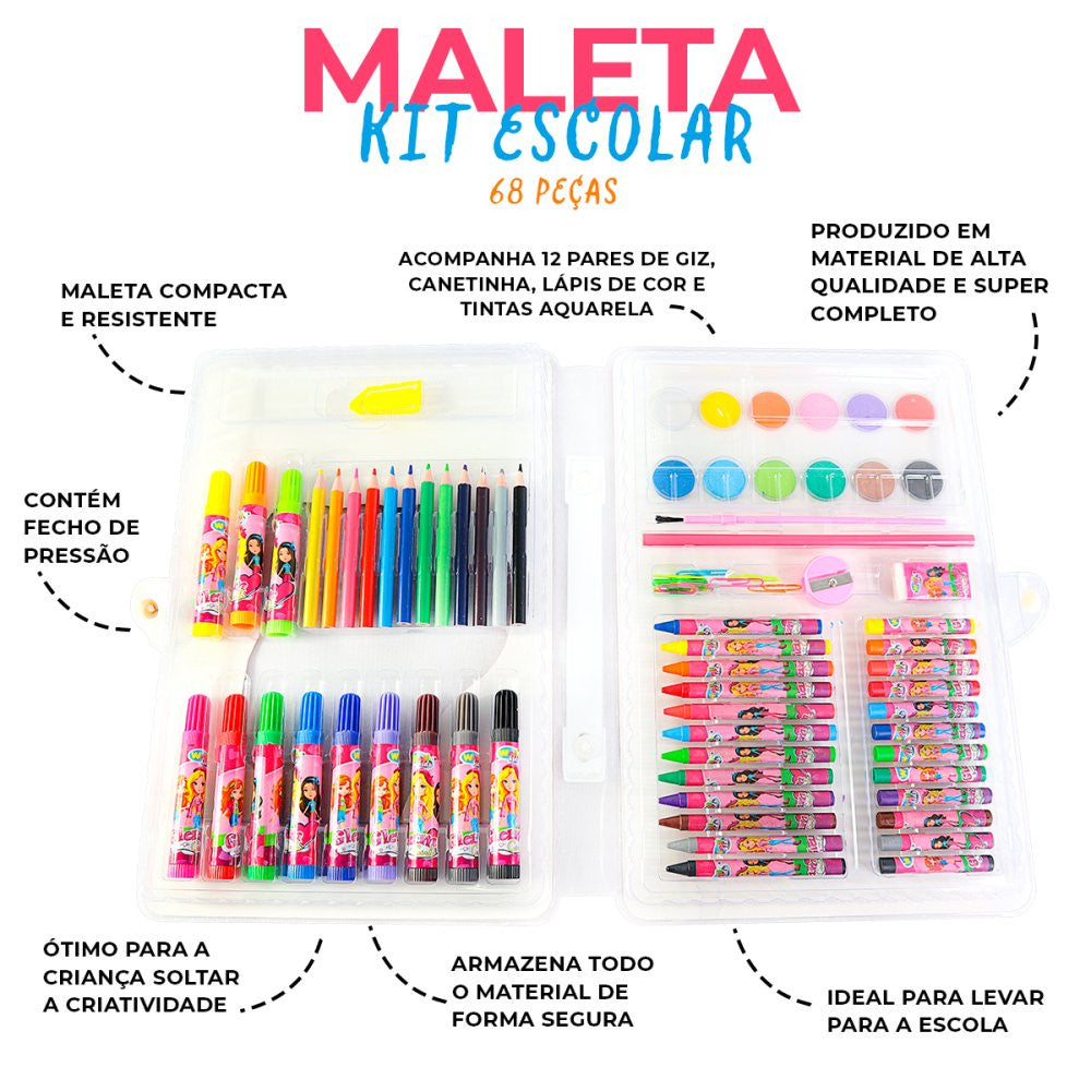 Maleta Kit Escolar com 68 Peças Glam Girls