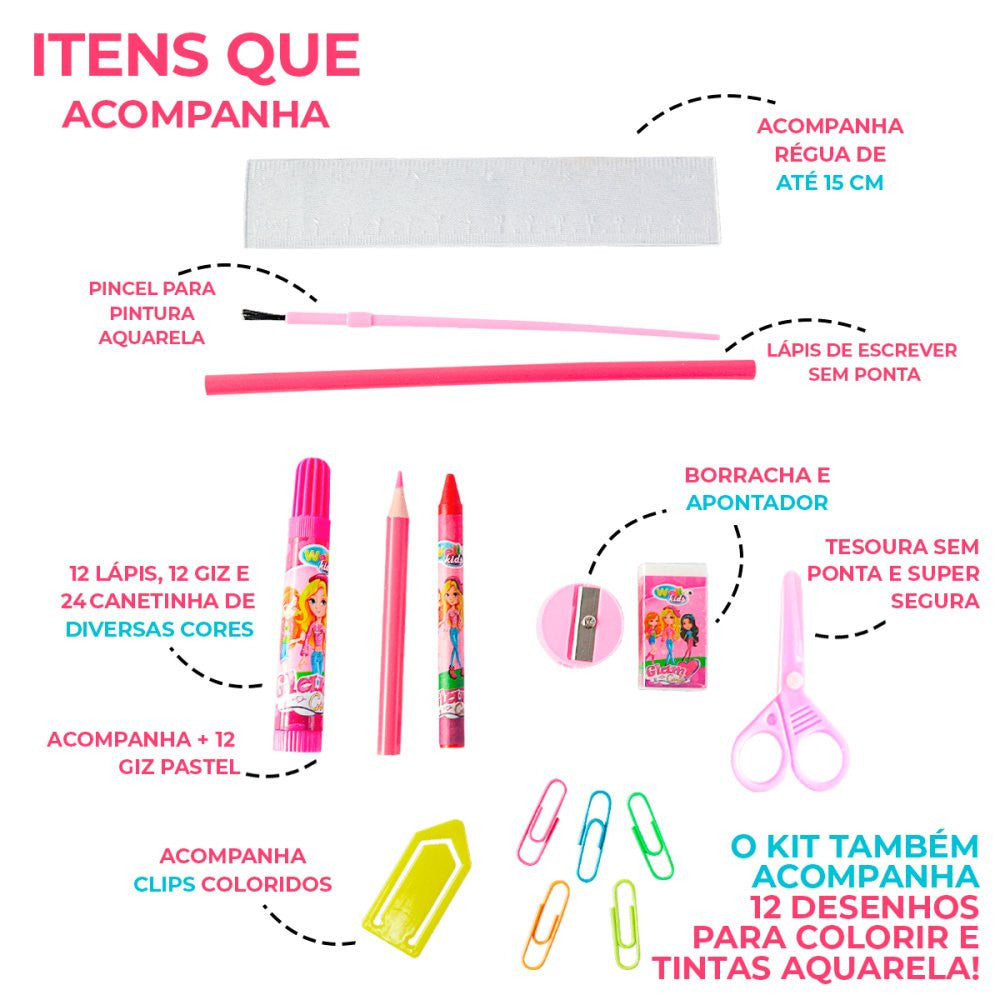 Maleta Kit Escolar com 98 Peças Glam Girls