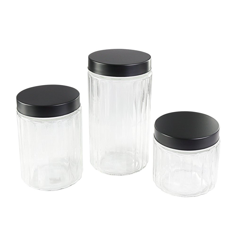 Conjunto de Potes de Mantimentos com 3 Peças de Vidro e Tampa de Inox