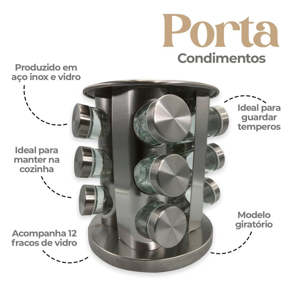 Porta Condimentos e Temperos Giratório com 12 Potes em Aço Inox e Vidro