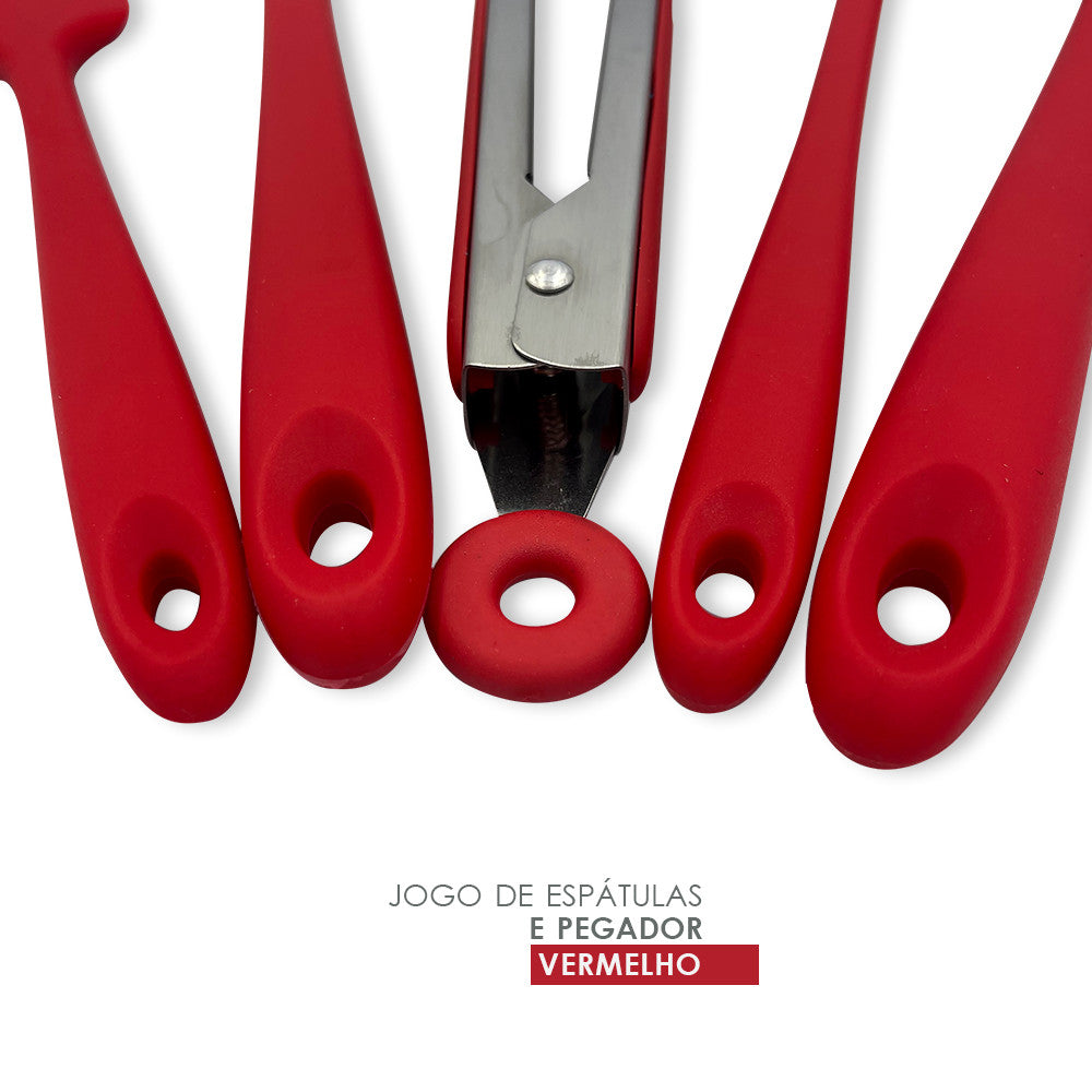 WE DROP - Conjunto De Espátulas E Pegador Em Silicone Unyhome 5 Peças - VERMELHO