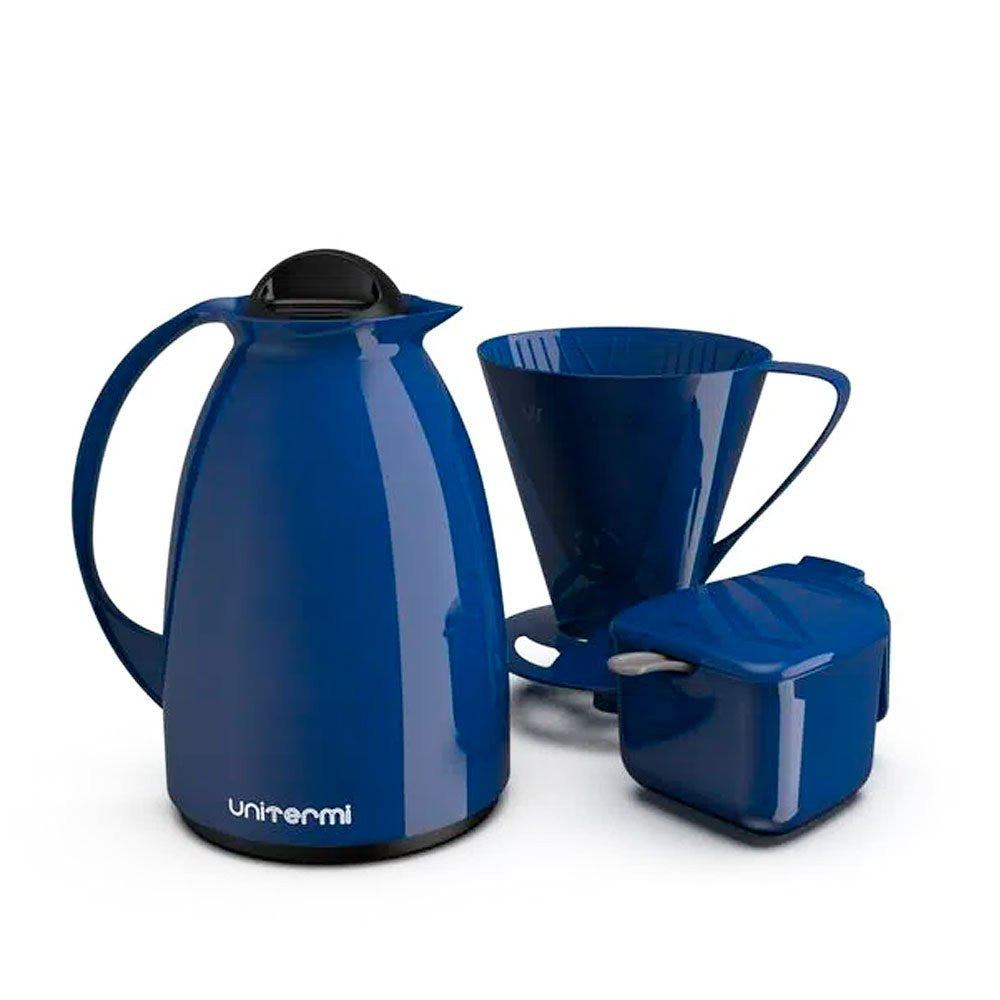 Kit Garrafa Termica Café Prático com Açucareiro com Colher e Suporte para Filtro - Azul