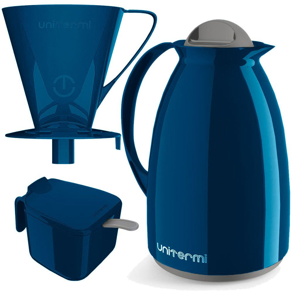 Kit Garrafa Termica Café Prático com Açucareiro com Colher e Suporte para Filtro - Azul