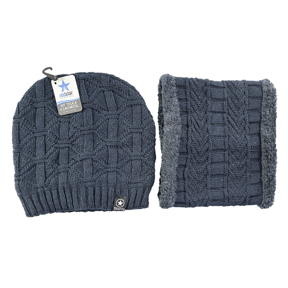 Kit Gorro de Frio e Cachecol Estilo Gola - Azul Marinho